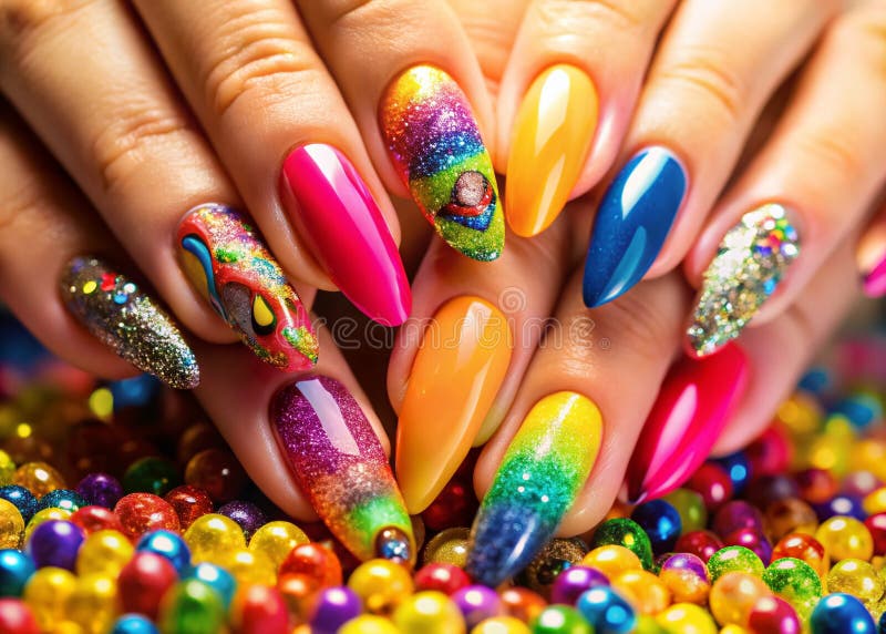 Vibrant nail art designs with intricate patterns and colors