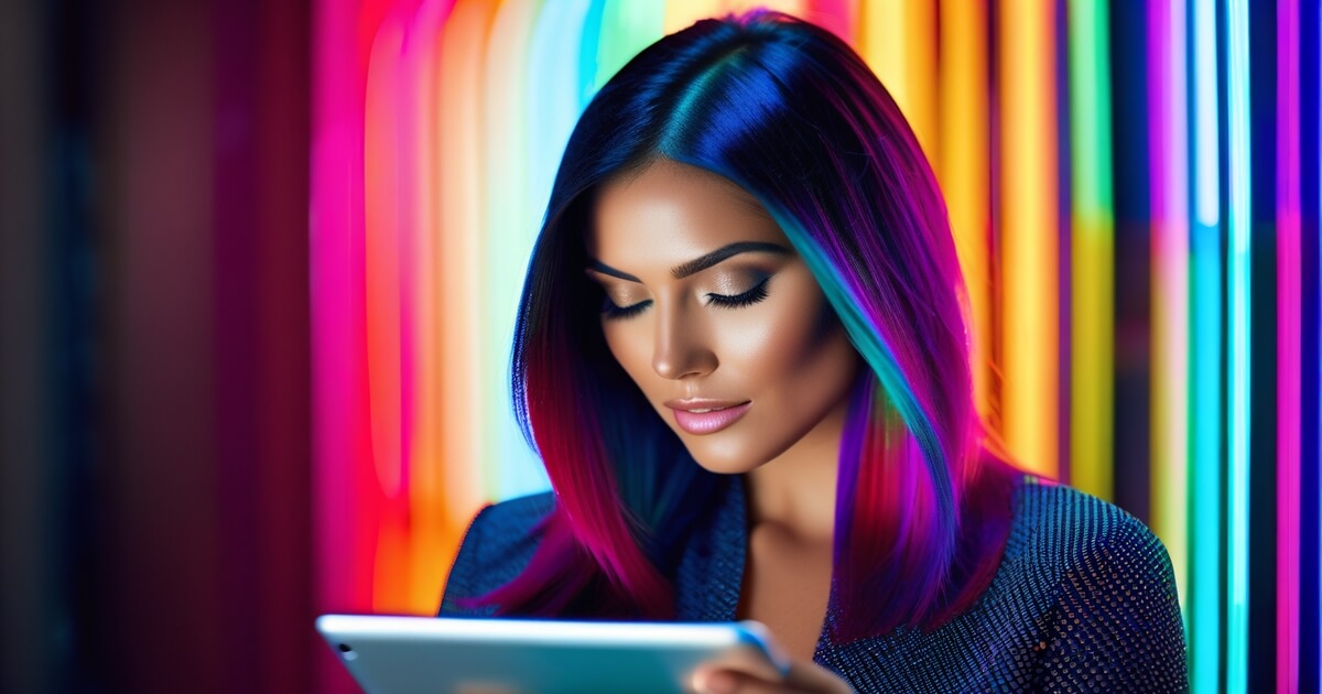 Woman with dramatic beauty lighting in modern salon setting