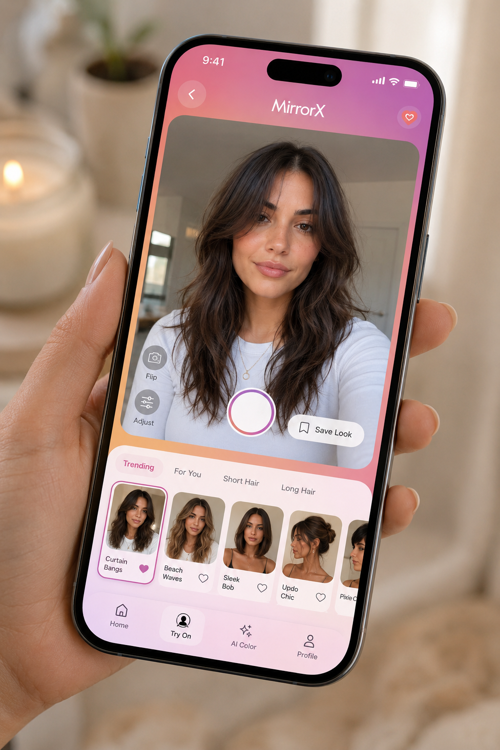 MirrorX app showing AI virtual hairstyle try-on with trending styles